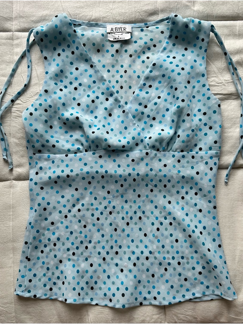 A. Byer Light Blue Polka Dot Tie-Shoulder Wrap Top